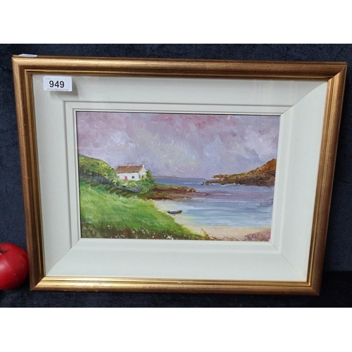 949 - A serene original oil on board painting. Features a coastal landscape with a cottage and boat. Rende... 