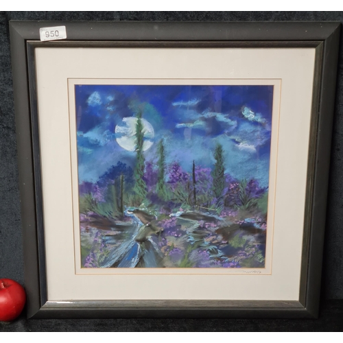 950 - An original chalk pastel on paper painting. Features a vivid midnight sky with luminous full moon an... 