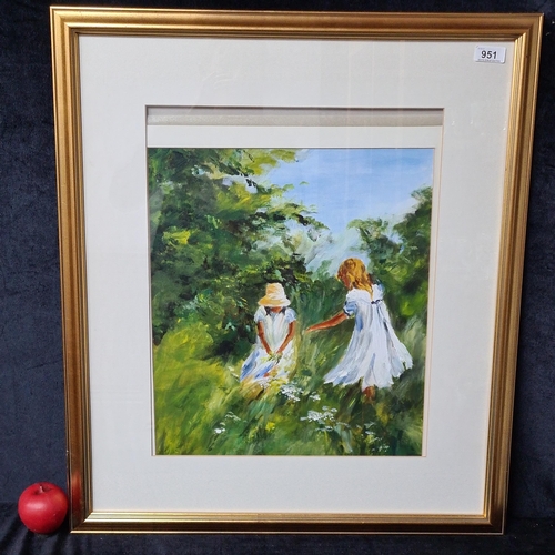 951 - A charming original large oil on board painting. Features two young girls in breezy white dresses fr... 