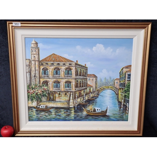 952 - A large delightful original acrylic on board painting. Features a Venetian Summer landscape scene wi... 