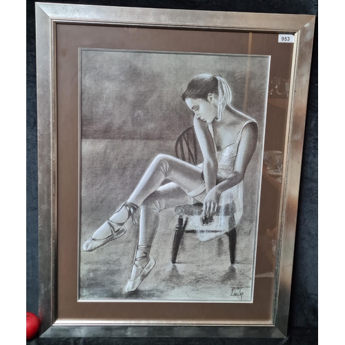 953 - A large print of a Yousef Ziaeian painting titled ' Ballet Dancer'. Housed in a brushed chrome frame... 