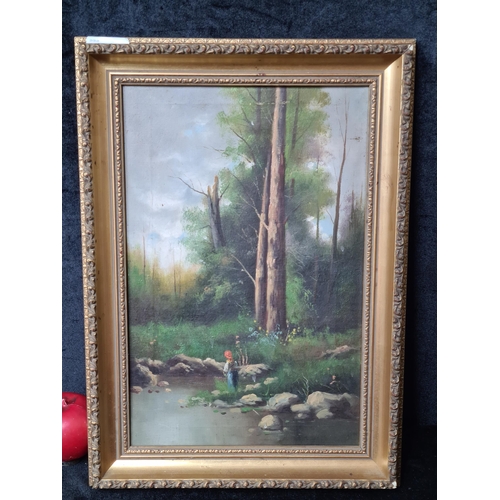 956 - A serene oil on canvas painting. Features a woodland riverside landscape with a woman. Rendered in c... 