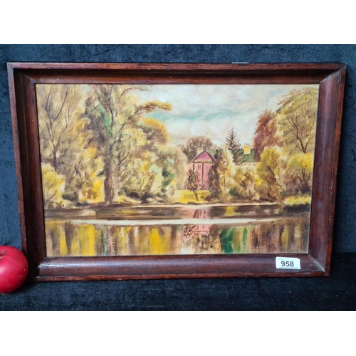 958 - A sweet original oil on board painting. Features a landscape scene capturing water reflections. Rend... 