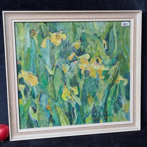 963 - A brilliant original oil on canvas painting. Features a field with Yellow Irises. Rendered in loose ... 