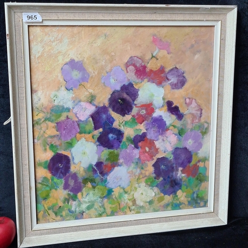 965 - A captivating original oil on board painting titled 'Petunias'. Features the titular botanical still... 