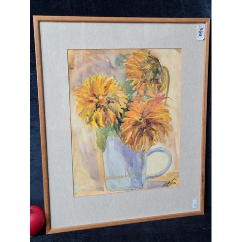 966 - A sweet original watercolour on paper painting. Features a still life botanical study of Sunflowers ... 