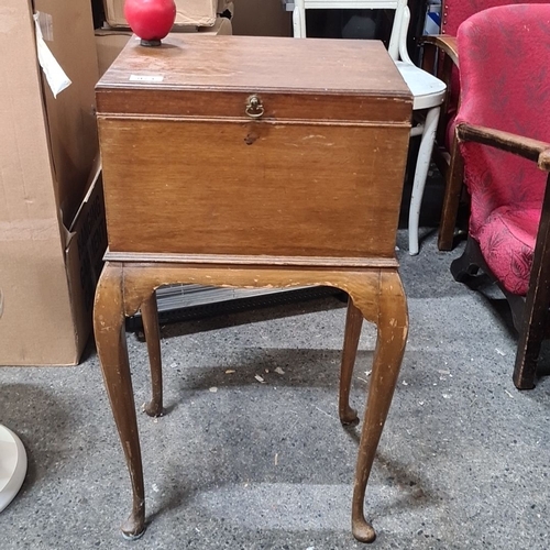 973 - Early 20th-century Mahogany sewing box on Cabriole Legs with Green Satin-Lined Interior.