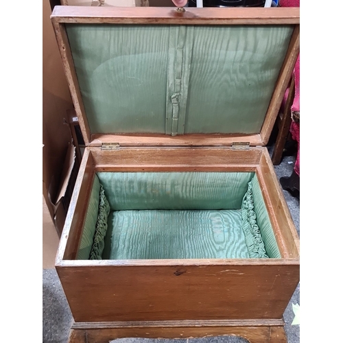 973 - Early 20th-century Mahogany sewing box on Cabriole Legs with Green Satin-Lined Interior.