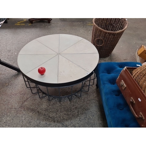 1242 - Star lot : A fabulous designer round coffee table featuring a white low pile fur top and a metal fra... 