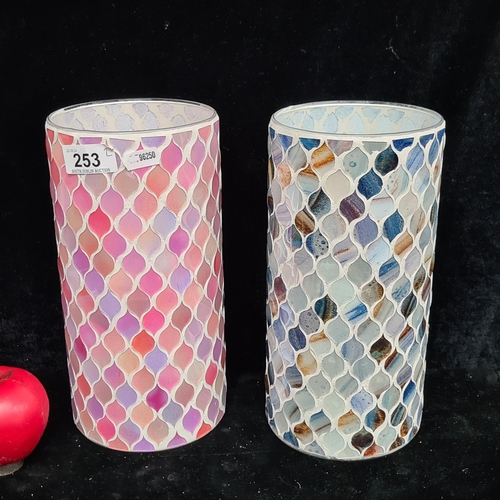 1269 - Two tall glass mirror mosaic vases, one blue and one pink. Brand new from a top UK Interior design c... 