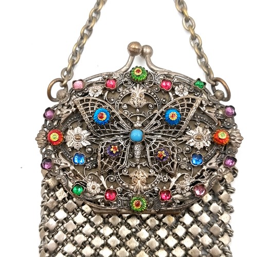 52 - Star Lot : A stunning example of 19th century  multi gem set mesh purse set with a butterfly motif o... 