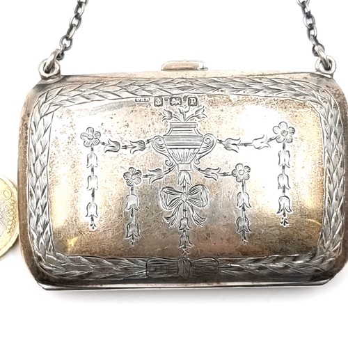 54 - A very pretty stylised antique sterling silver evening purse hallmarked Birmingham set with swag des... 