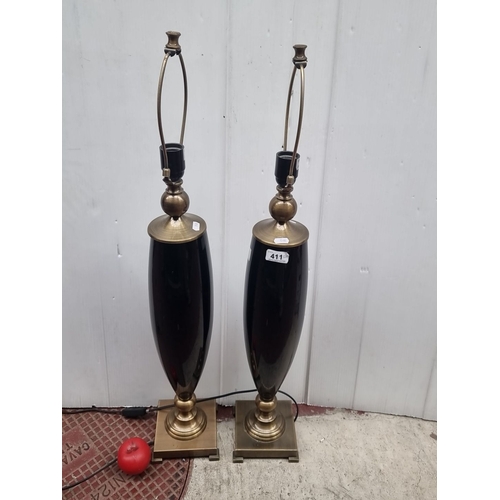 411 - Star Lot : Pair of fabulous tall black table lamps with brass accents, From fabulous house In Foxroc... 