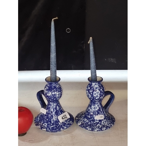 432 - Pair of Victorian-style blue and white ceramic candle holders feature floral patterns, marked with t... 