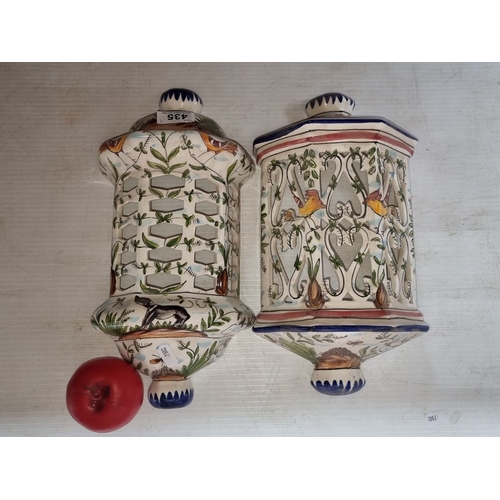 435 - Hand-painted ceramic lanterns with intricate latticework designs and bird motifs, from the late 20th... 