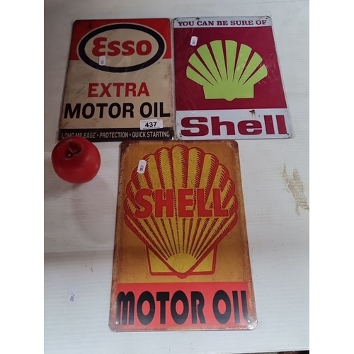 437 - Set of three vintage metal motor oil signs, featuring Esso and Shell branding. Various sizes.