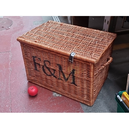 438 - Large wicker Fortnum & Mason hamper with lid, featuring 