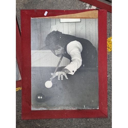 444 - Four enlarged black-and-white photographic prints of snooker players in action. Featuring Ray Reardo... 