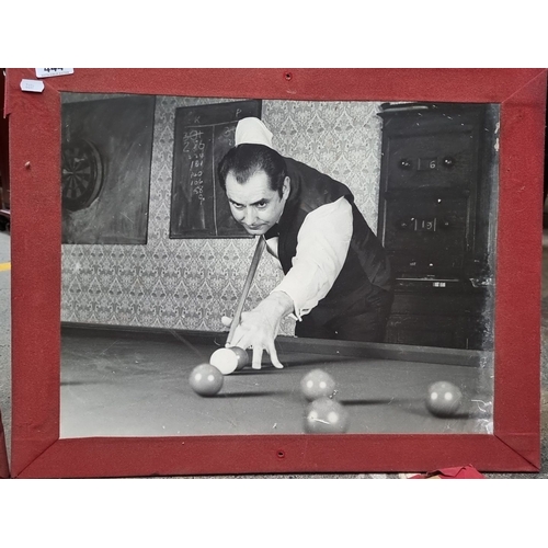 444 - Four enlarged black-and-white photographic prints of snooker players in action. Featuring Ray Reardo... 