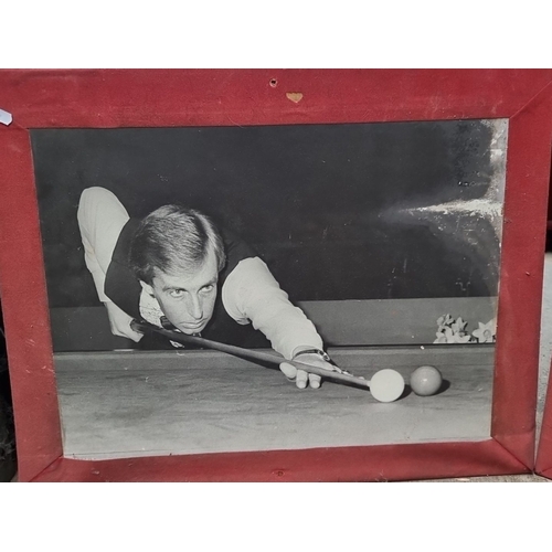 444 - Four enlarged black-and-white photographic prints of snooker players in action. Featuring Ray Reardo... 