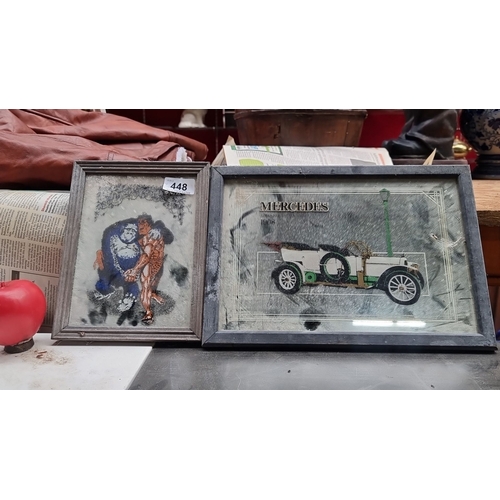 448 - Two vintage printed mirrors in frames featuring a 1908 classic Mercedes car and a gorilla.