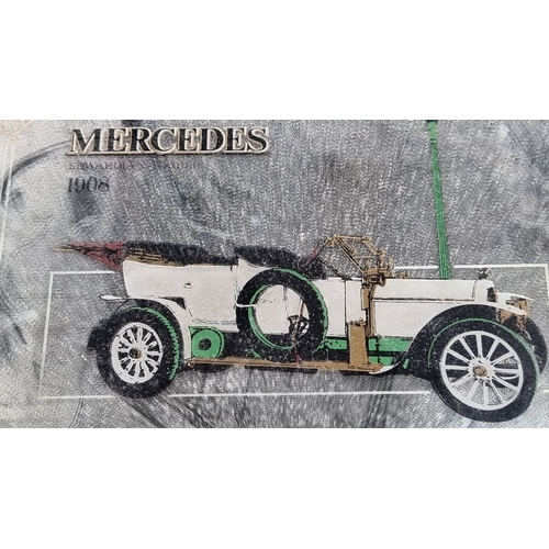 448 - Two vintage printed mirrors in frames featuring a 1908 classic Mercedes car and a gorilla.