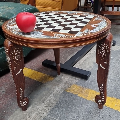 464 - Star Lot : A beautiful Wooden inlaid chess table featuring inlay work depicting Indian landmarks suc... 