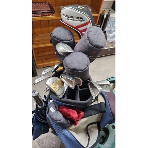 471 - Complete golf set featuring Titleist golf bag, Burner Superfast club, assorted irons, and accessorie... 