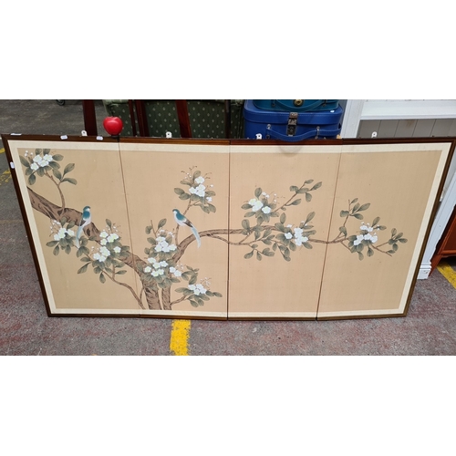 492 - Star Lot : A Fabulous Japanese folding screen, featuring hand-painted birds and floral designs on a ... 