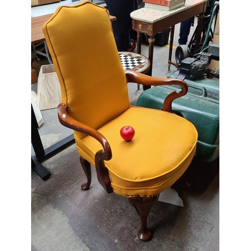 490 - Star Lot : A Stunning Goose neck chair with yellow upholstery its a lovely shape with curved legs an... 