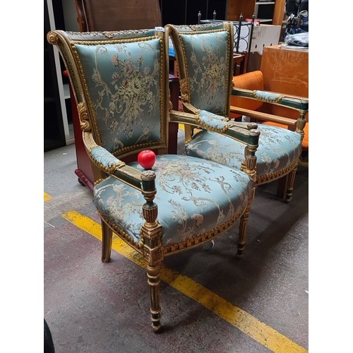 484 - Star Lot : An amazing Pair of French carved and gilded Parlour chairs with intricate floral upholste... 