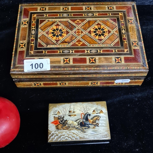 100 - Two vintage boxes including a nice example of a cigar wooden box with a lined interior and colourful... 