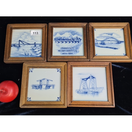 113 - Five hand painted tiles of Dutch bridges with inscription to verso reading 