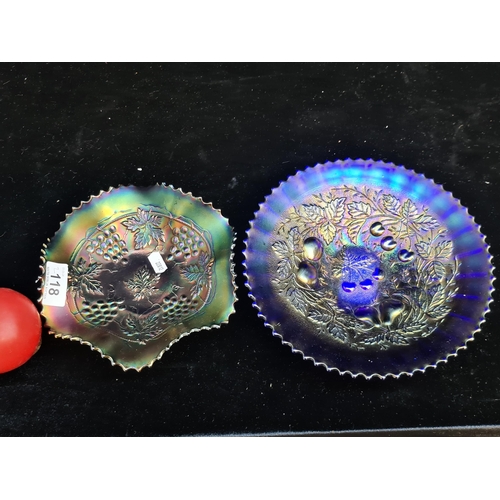 118 - An attractive pair of Northwood Carnival glass  dishes including three fruits stipple example and a ... 