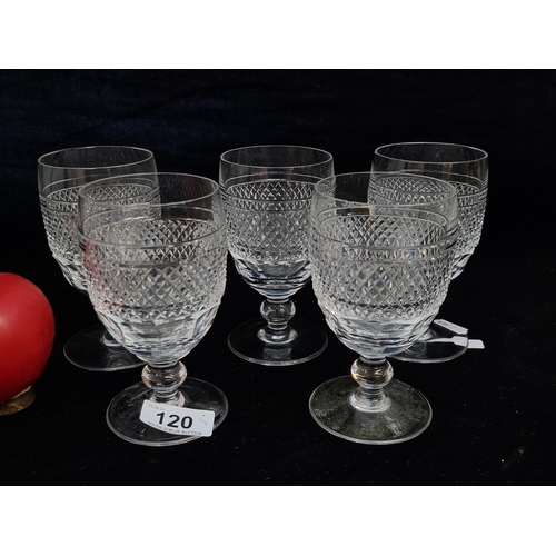 120 - Five large waterford crystal  Waterford Crystal goblet glasses in the Cashel pattern. One glass slig... 