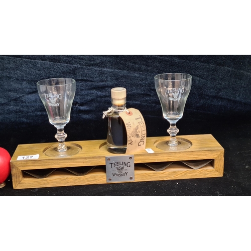 127 - A fantastic Teeling's Whiskey wooden plinth stand with Teeling Whiskey logo metal plaque to front, W... 