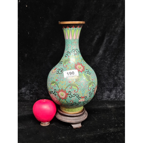 190 - Star Lot : A stunning antique green ground Chinese Cloisonne vase complete with original wooden base... 