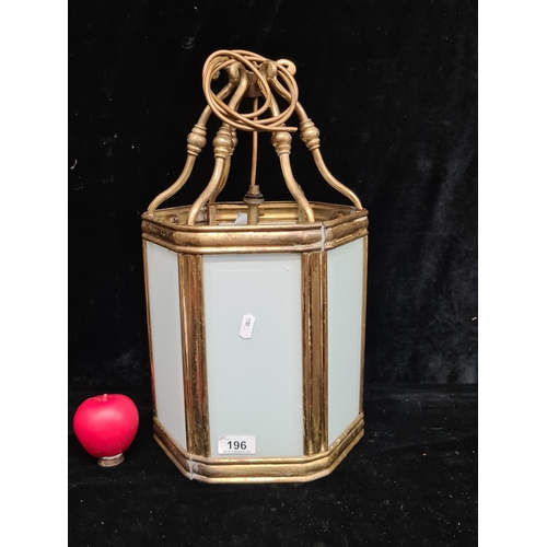 196 - A vintage hexagonal shaped brass and milk glass hall lantern.