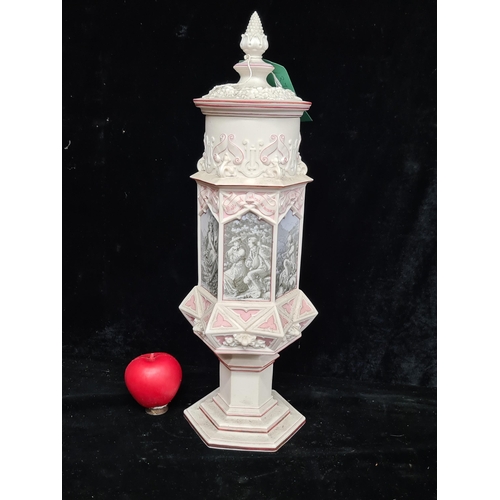 198 - Star Lot : An impressive antique Villeroy & Boch gothic lidded goblet on a high base, depicting Germ... 