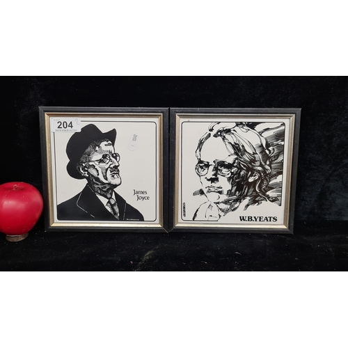 204 - Two 1970's printed on tile wall plaques including one depicting James Joyce and the of W.B. Yeats by... 