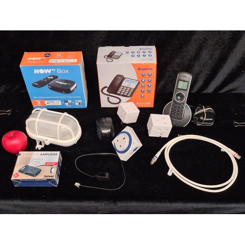 218 - A box containing a mixed lot of household/office accessories including a new in box Binatone Acura 3... 