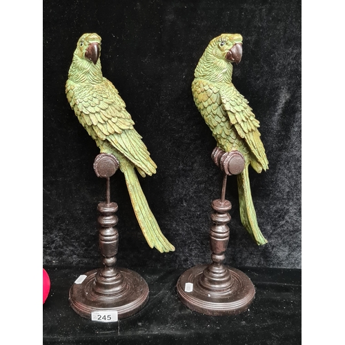 245 - Two fabulous large Green Parrots on perch figures featuring brilliant intricate detailing. Brand new... 