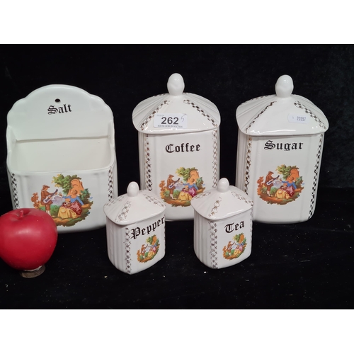 262 - Five pieces of Italian made porcelain kitchenware items including Salt pig, Sugar and Coffee lidded ... 