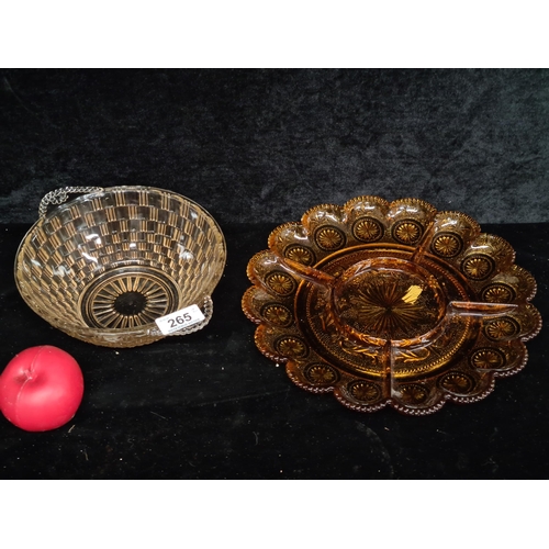 265 - Two pieces of beautiful vintage glass including a Brockway American Concord amber glass platter and ... 