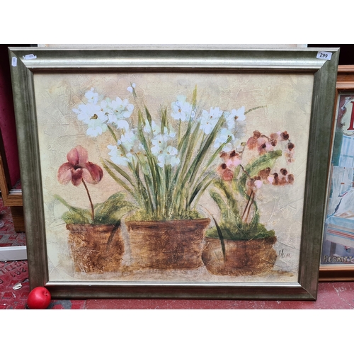 299 - A very large print of an oil painting. Features a still life botanical study of flowers in pots. Hou... 