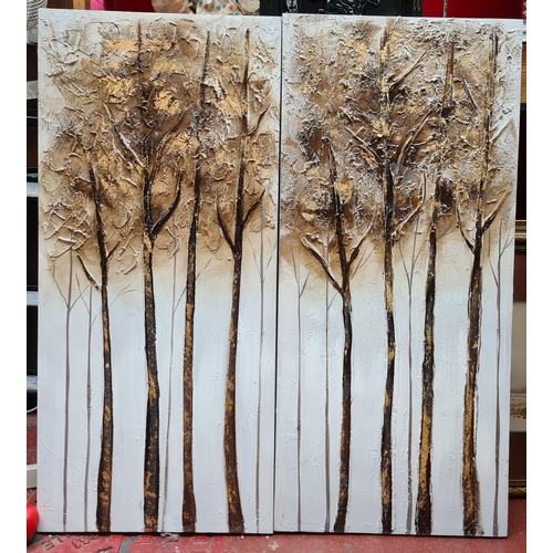 301 - A pair of tall / large acrylic on canvas painting. Features an abstract landscape with withered tree... 