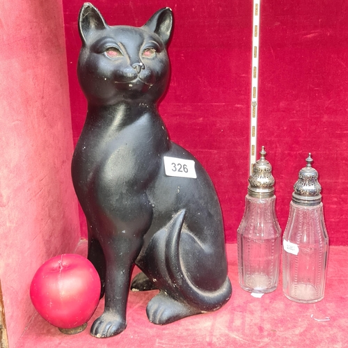 326 - A lot of three items including a large black ceramic cat and two antique sugar sifters.