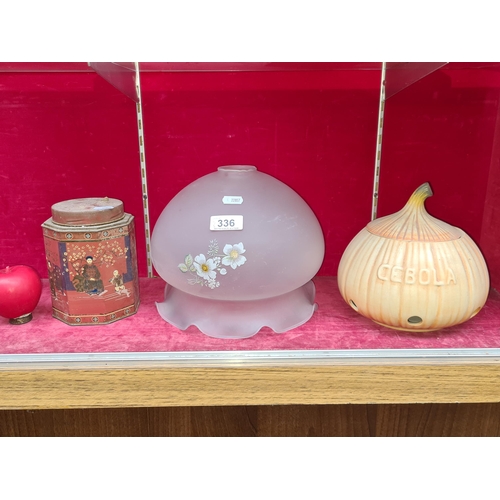 336 - Three vintage items. Includes handpainted lampshade, a Chinese tea tin and a Ceramic garlic holder.