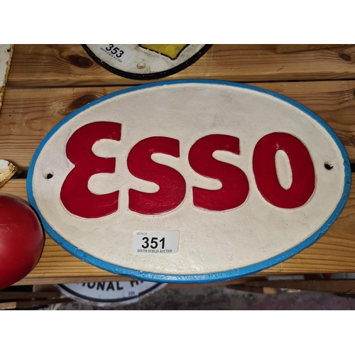 351 - A heavy cast metal wall sign for Esso Motor Oil. Iconic colours and design.