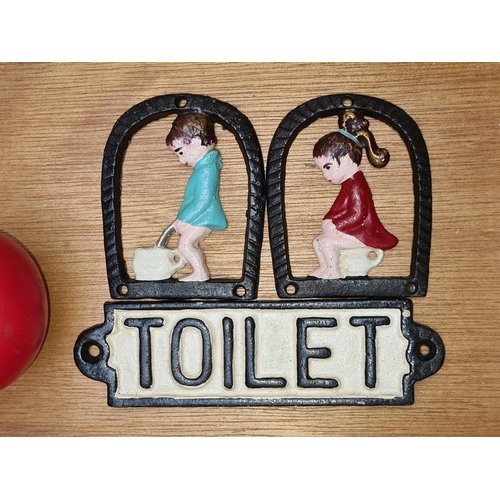 352 - Three super cute lavatory cast metal wall plaques.